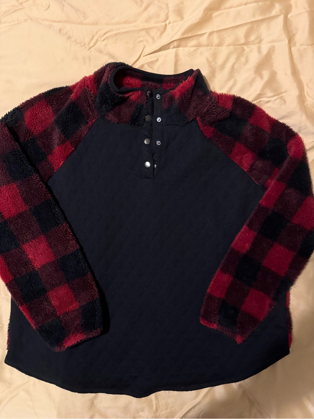 Maurices Black Quilted Henley with Red and Black Buffalo Plaid Sleeves